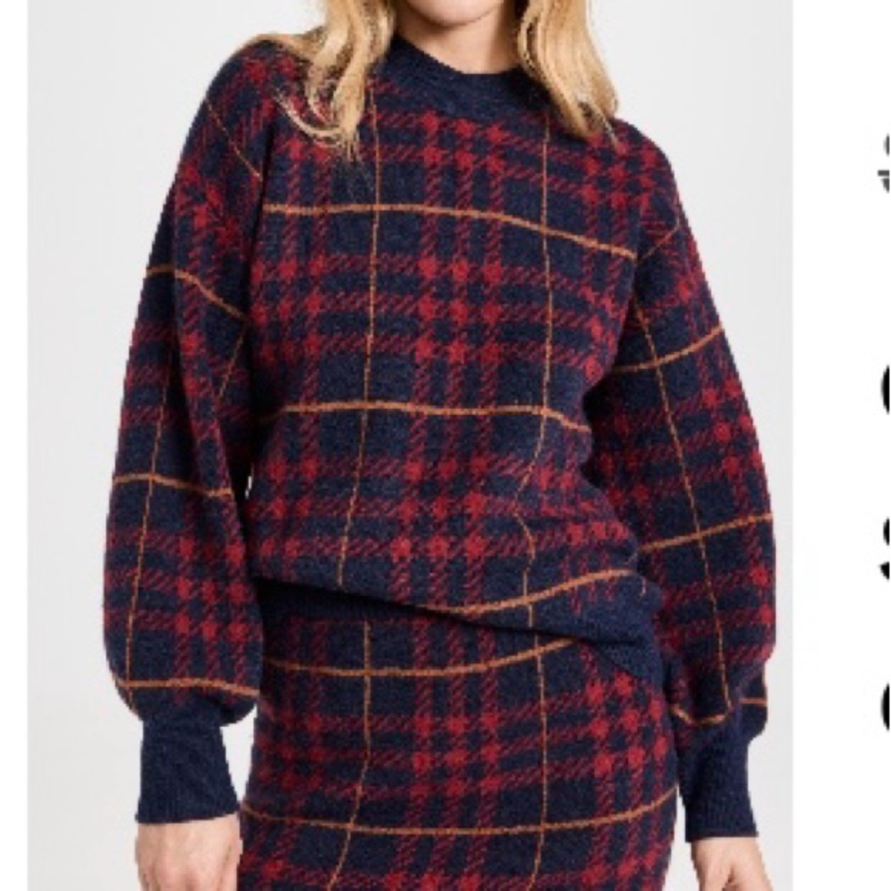 En Saison Womens Navy & Red Plaid Crewneck Sweater